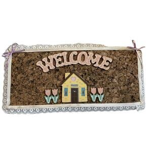 Vintage Handmade cork Welcome sign lace trim